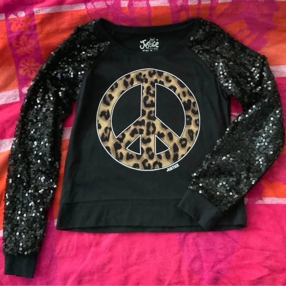 Justice Girl Leopard Peace Sign Black Shirt Size 12 Sequins